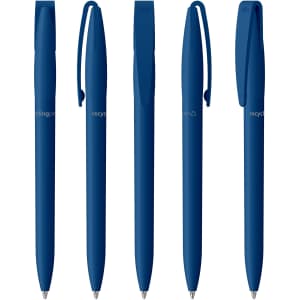 A set of five blue plastic pens with a sleek design and clips, featuring a logo on each pen.