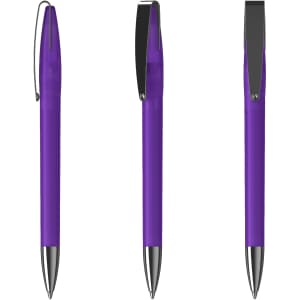 A purple metal pen featuring a sleek design and a clip. The pen has a shiny silver tip and accents.
