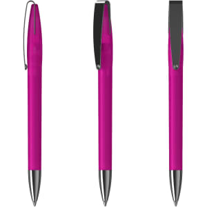 A metal pen in vibrant pink with a sleek design and a clip for convenience. It features a silver tip and accents.
