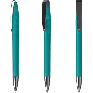 A metal pen in teal with a metallic silver tip and clip, presented from three angles.