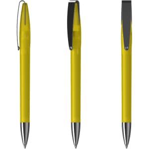 A metal pen with a bright yellow body and shiny silver accents, featuring a clip and a bold design.