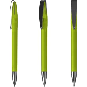 A green metal pen with a shiny silver tip and a clip, featuring a sleek design. Includes branding on the barrel.