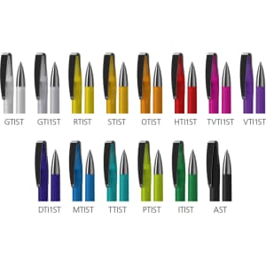 A variety of metal pens in multiple colours, featuring sleek designs and a shiny finish, arranged in a grid.