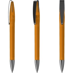 A metal pen in orange with a chrome clip and tip, displayed from three different angles.