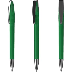 A green metal pen with a sleek design and a clip, displayed from three angles. It features a shiny silver tip.
