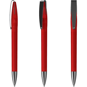 A red metal pen with a glossy finish and silver accents, featuring a clip and twist mechanism.