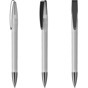 A metal pen in white with a black clip and tip, featuring a sleek and modern design.
