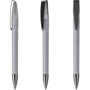 A grey metal pen with a sleek design, featuring a black clip and shiny silver tip. It has a logo on the barrel.