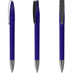 A metal pen in blue with silver accents, featuring a clip and a smooth design. The product has a logo.