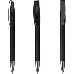 A sleek black metal pen with a shiny silver clip, displayed from three different angles.