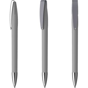 A set of grey plastic pens with soft grips, featuring silver accents and clips, displayed from different angles.