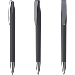 Three black plastic pens with soft grip and silver accents, featuring a clip on each pen.
