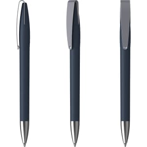 A set of blue plastic pens with silver accents, featuring a clip and smooth body design.