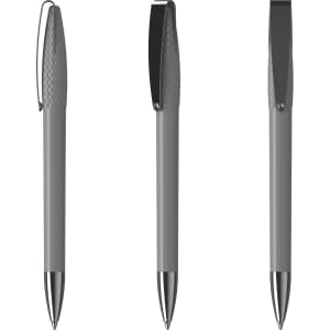 A set of three grey metal pens with a high gloss finish and sleek design, featuring a branding logo.