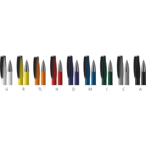 High gloss metal pens in various colours including silver, yellow, red, blue, green, and black, featuring a logo.