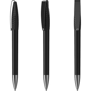A sleek, black metal pen with a textured grip and clip, featuring a high gloss finish.