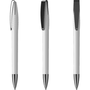 A sleek silver and white metal pen featuring a glossy finish and a clip, displayed from three angles.