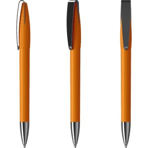 An orange metal pen with a textured grip and a chrome clip, shown from three angles.