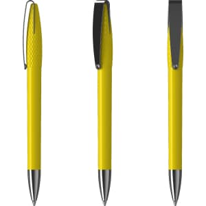 A high gloss yellow metal pen with textured grip and chrome accents, featuring a branding logo.