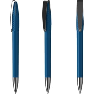 A metal pen in a sleek blue finish with a textured grip and a chrome clip, featuring a branding logo.