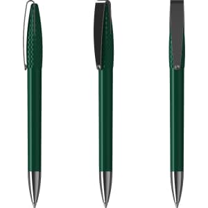 A green metal pen with a textured grip and silver accents, displayed from multiple angles. Features a logo.