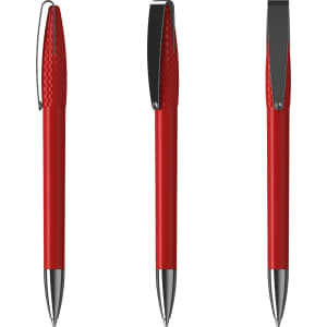 A vibrant red metal pen with a glossy finish and a textured grip, featuring a sleek silver clip.