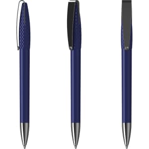 A high gloss metal pen featuring a textured navy blue grip and a sleek silver nib. Includes a branded logo.