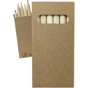 A pack of coloured pencils in a kraft cardboard case, featuring red, blue, green, yellow, and natural wood tones.