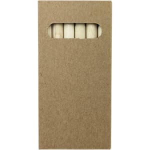 A pencil pack featuring several coloured pencils visible through a cut-out window on a brown cardboard cover.