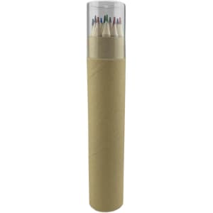 A cylindrical tube containing coloured pencils with a clear lid, showcasing various colours arranged neatly inside.