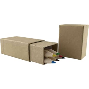 A coloured pencil set in a cardboard box, featuring various brightly coloured pencils including red, blue, green, and yellow.