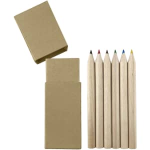 A set of six coloured pencils in a kraft box, featuring red, blue, green, black, and yellow hues.