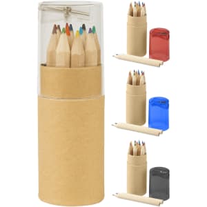 A tube containing coloured pencils in various shades, with a sharpener and available in multiple casing colours.