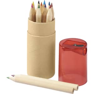 A tube containing coloured pencils in various shades, with a sharpener and two exposed pencils beside it.