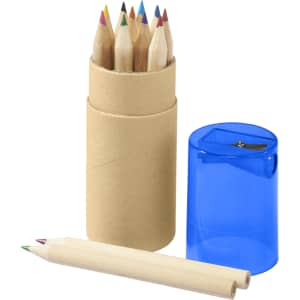 A tube containing coloured pencils in various shades, next to a blue sharpener and two individual pencils.