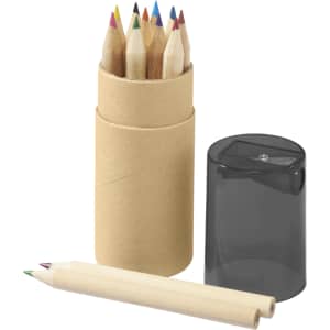 A cylindrical tube containing coloured pencils in various shades, with a sharpener beside it.