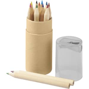 A cylindrical tube containing coloured pencils in various hues, alongside a sharpener and two pencils.