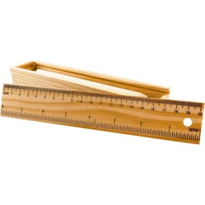 A wooden ruler with metric and imperial markings alongside a wooden holder for storage.