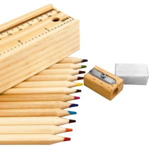 A set of coloured pencils in various shades, with a wooden ruler, sharpener, and eraser. The set has a logo.