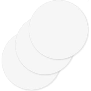 Three round, white cardboard coasters stacked together, featuring a smooth surface and a simple design.