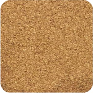 A square cork coaster in a natural tan colour with a textured surface. It features a branding logo.