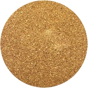A round cork coaster with a textured, golden surface, featuring a branding logo.