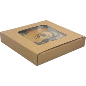A square box containing a set of four cork coasters with a design and a branding logo, featuring natural tones.