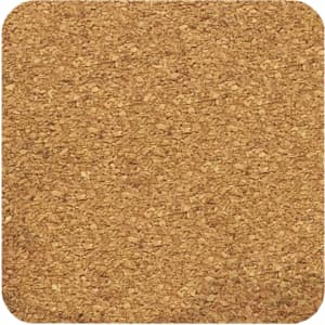 A square cork coaster in a natural brown hue, featuring textured surface. Includes branding.