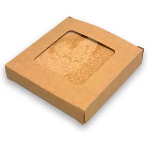 A round cork coaster set featuring a natural cork texture, packaged in a simple cardboard box with a transparent window.