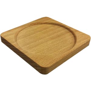 A wooden coaster in a square shape with a circular indent, featuring a light natural wood finish.