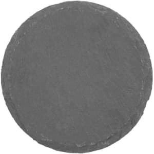 A set of four round grey slate coasters with a textured finish. Each coaster has an irregular edge.