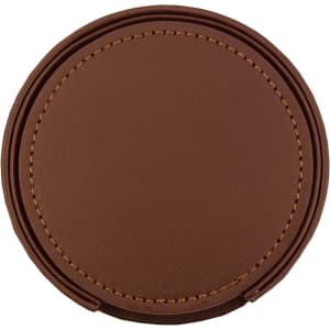 A brown leather coaster with decorative stitching, part of a set of six. It features a circular design and includes branding.