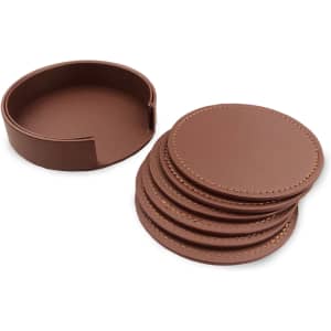 A brown leather coaster set of six with a matching holder. The coasters feature stitching around the edges.