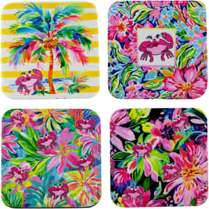 A set of four 5mm neoprene coasters, featuring vibrant floral designs in pink and green, with a palm tree and crab motifs.